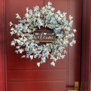 Blue Forsythia Door Wreath Summer Front Door Wreath 24Inch Blue Cream Cluster Wreath on Farmhouse Grapevine Wreath Blossom Cluster for Festival Celebration Front Door Wall Window Christmas Home Décor