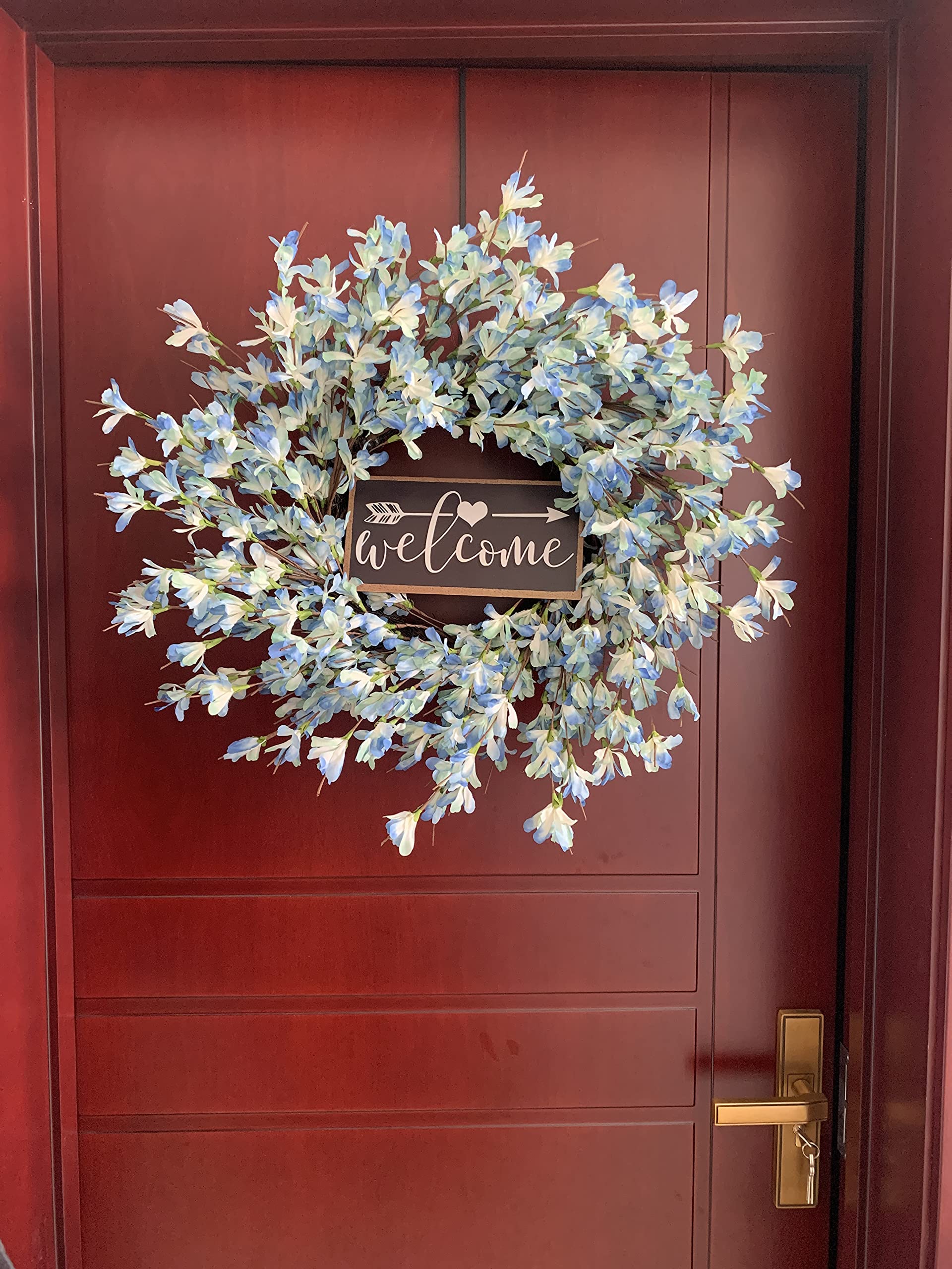 Blue Forsythia Door Wreath Summer Front Door Wreath 24Inch Blue Cream Cluster Wreath on Farmhouse Grapevine Wreath Blossom Cluster for Festival Celebration Front Door Wall Window Christmas Home Décor