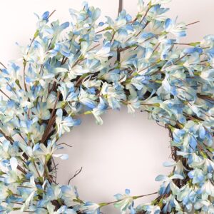 Blue Forsythia Door Wreath Summer Front Door Wreath 24Inch Blue Cream Cluster Wreath on Farmhouse Grapevine Wreath Blossom Cluster for Festival Celebration Front Door Wall Window Christmas Home Décor