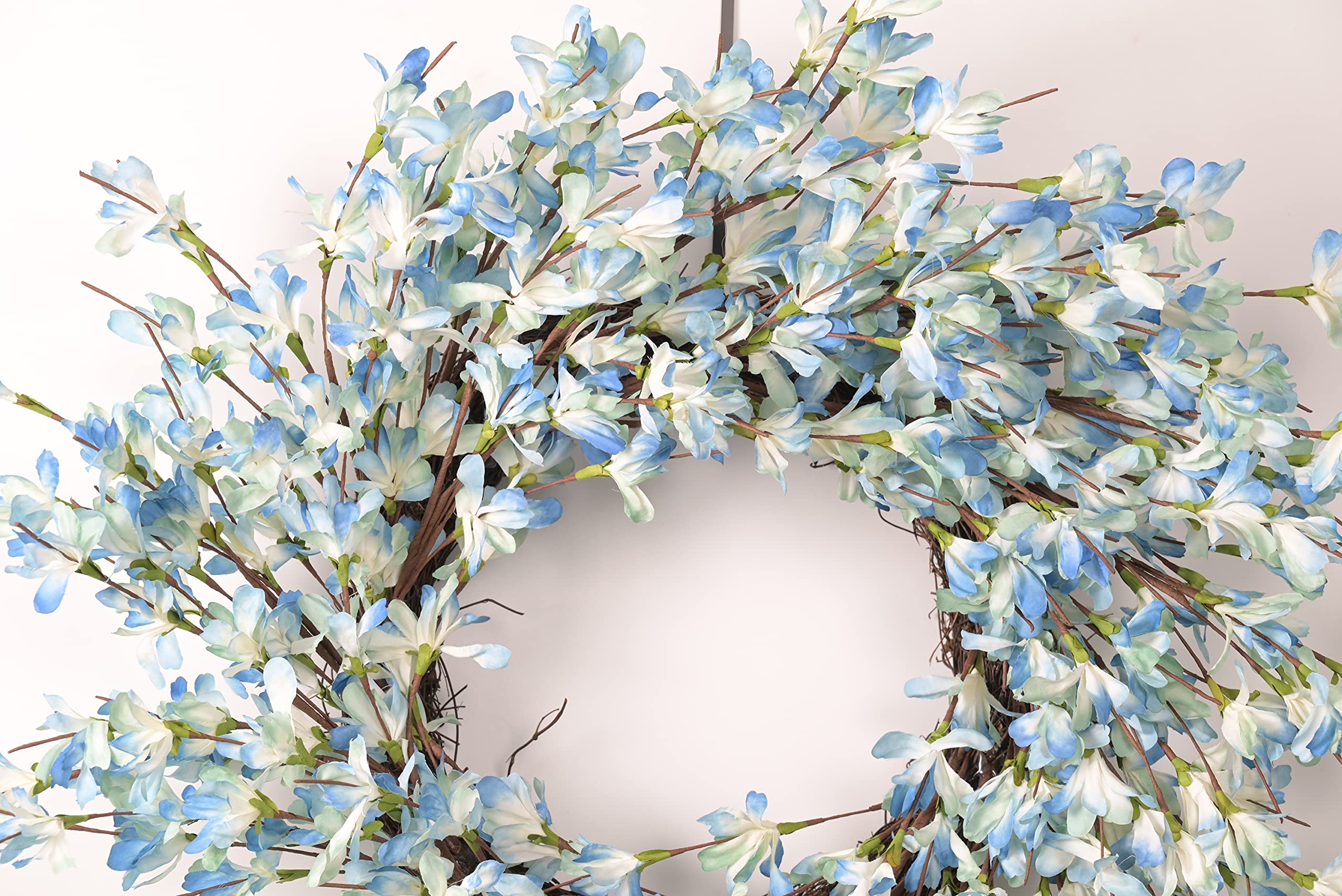 Blue Forsythia Door Wreath Summer Front Door Wreath 24Inch Blue Cream Cluster Wreath on Farmhouse Grapevine Wreath Blossom Cluster for Festival Celebration Front Door Wall Window Christmas Home Décor