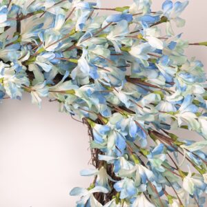 Blue Forsythia Door Wreath Summer Front Door Wreath 24Inch Blue Cream Cluster Wreath on Farmhouse Grapevine Wreath Blossom Cluster for Festival Celebration Front Door Wall Window Christmas Home Décor