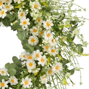 LSKYTOP 24 Inches Artificial Daisy Flower Wreath with Eucalyptus Leave Silk Flower White Berries Spring Summer Wreath for Front Door Wall Decor