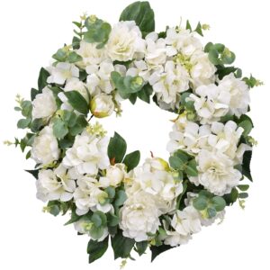 i-guru hydrangeas spring wreath for front door 22-24 inch, greenery summer door wreaths with white peony flowers, eucalyptus for home farmhouse outdoor indoor holiday wedding party wall windows decor