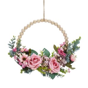 artificial flower wreath,wood beads rose wreath, indoor/outdoor farmhouse wreaths for front door decor