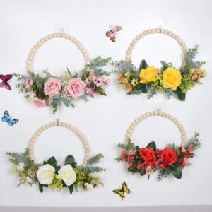 Artificial Flower Wreath,Wood Beads Rose Wreath, Indoor/Outdoor Farmhouse Wreaths for Front Door Decor