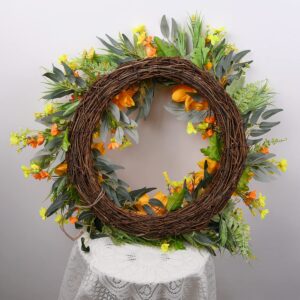 TechKen Door Wreath for Spring Summer Dahlia Wreath with Blossom Yellow & Orange Farmhouse Wreath on Grapevine for Front Door, Wall, Window Wreath 22-24inch