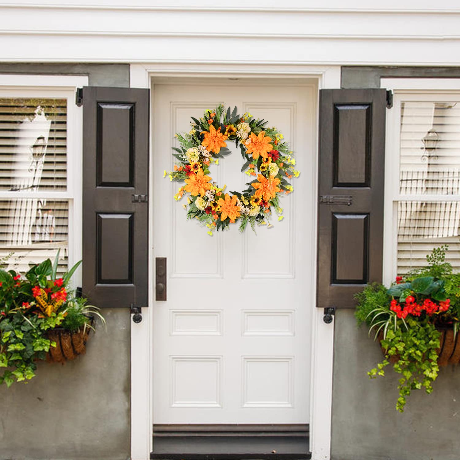 TechKen Door Wreath for Spring Summer Dahlia Wreath with Blossom Yellow & Orange Farmhouse Wreath on Grapevine for Front Door, Wall, Window Wreath 22-24inch