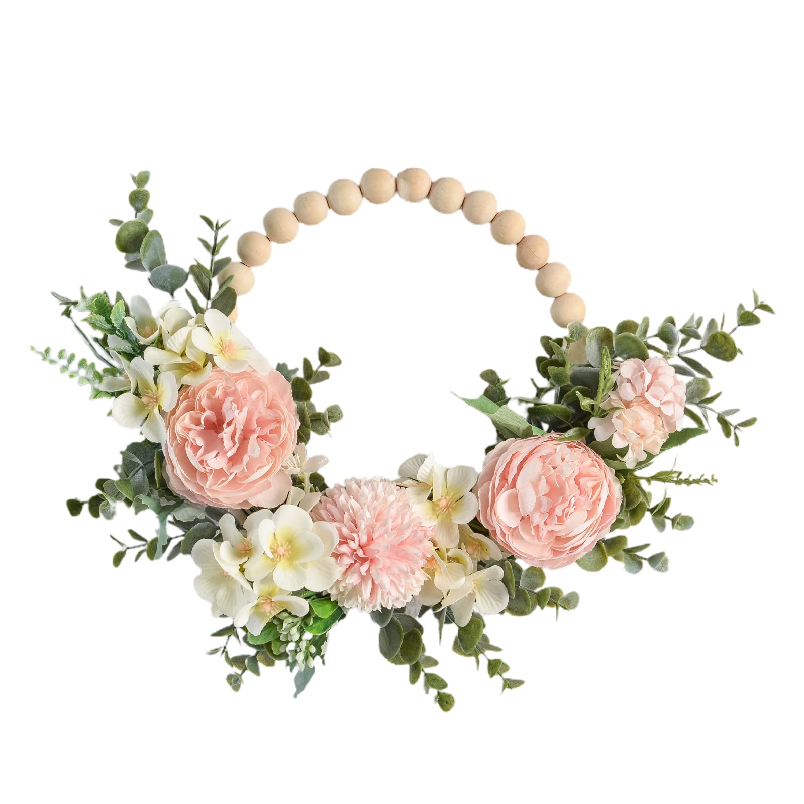 WERTSW 13 inch Wood Beads Floral Wreath Artificial Peony Flower Vine Wreath, All Seasons Farmhouse Hanging Wall Hoop Garland for Wedding Front Door Porch Decor Boho Wreath, Pink Peony