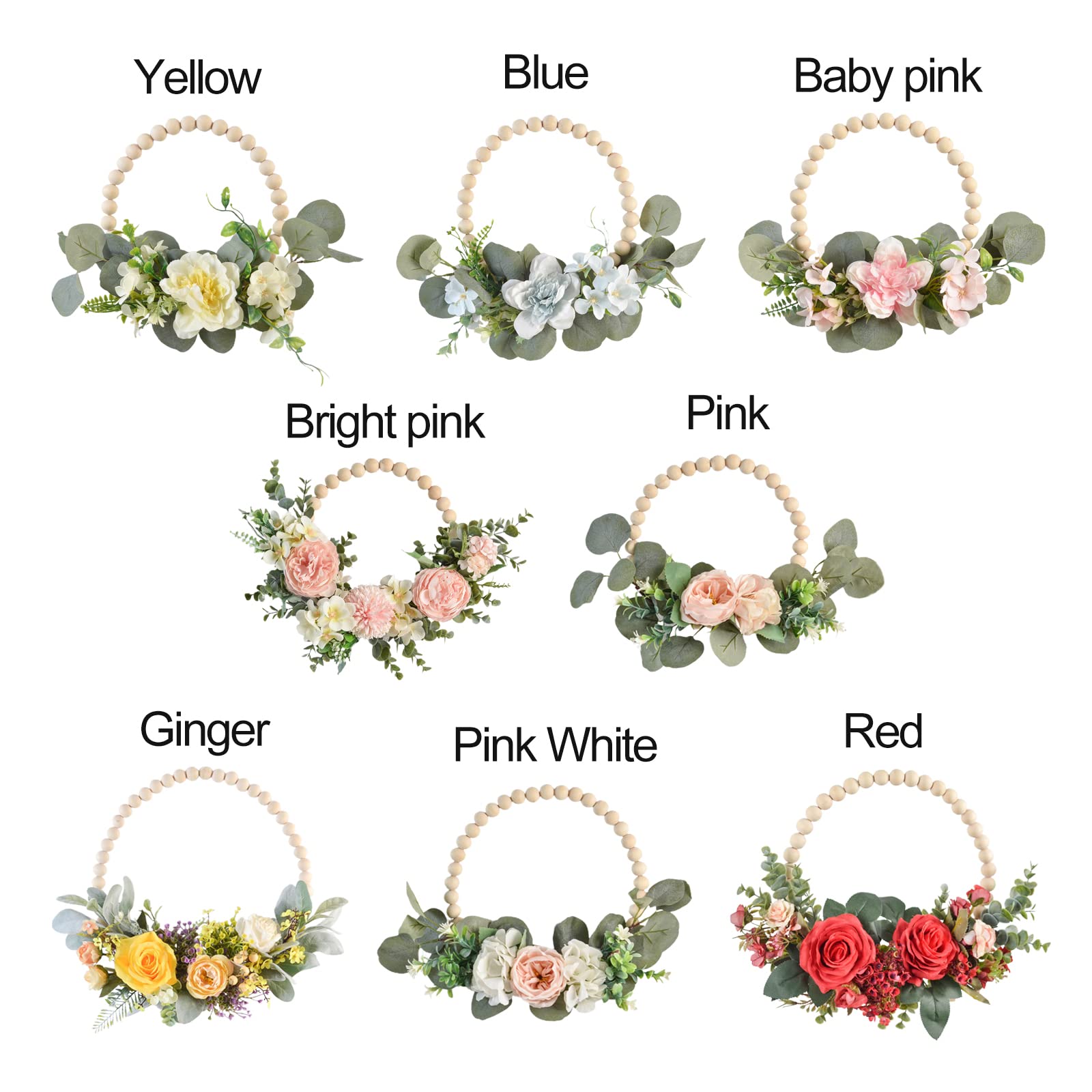 WERTSW 13 inch Wood Beads Floral Wreath Artificial Peony Flower Vine Wreath, All Seasons Farmhouse Hanging Wall Hoop Garland for Wedding Front Door Porch Decor Boho Wreath, Pink Peony