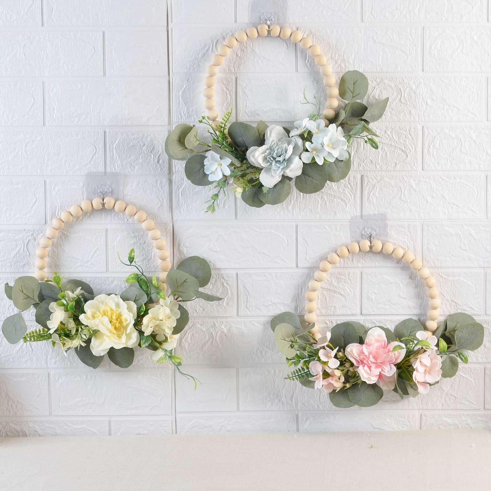 WERTSW 13 inch Wood Beads Floral Wreath Artificial Peony Flower Vine Wreath, All Seasons Farmhouse Hanging Wall Hoop Garland for Wedding Front Door Porch Decor Boho Wreath, Pink Peony