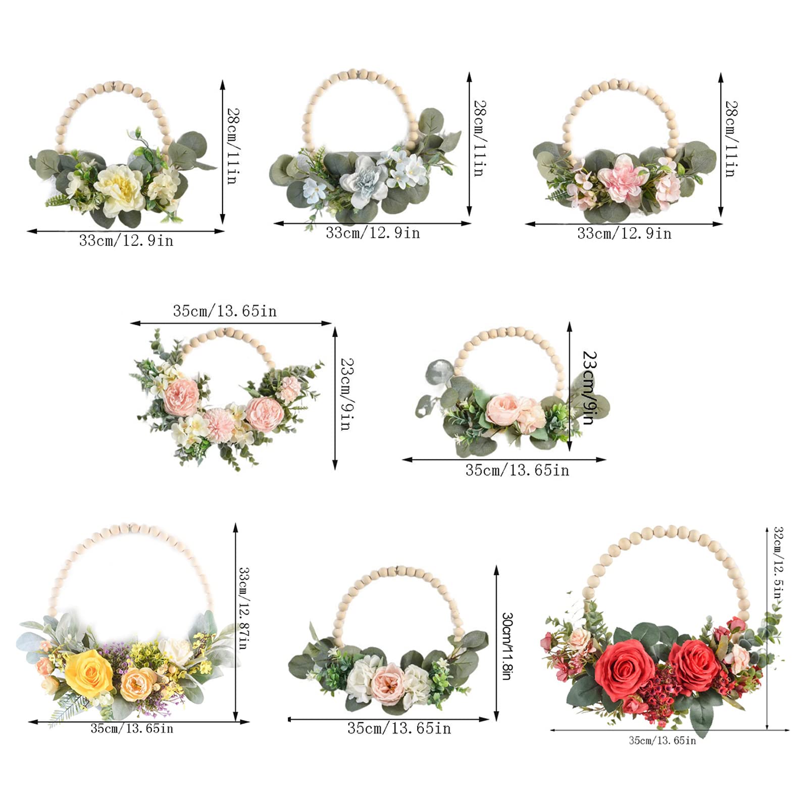 WERTSW 13 inch Wood Beads Floral Wreath Artificial Peony Flower Vine Wreath, All Seasons Farmhouse Hanging Wall Hoop Garland for Wedding Front Door Porch Decor Boho Wreath, Pink Peony