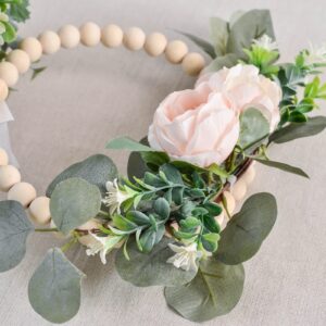 WERTSW 13 inch Wood Beads Floral Wreath Artificial Peony Flower Vine Wreath, All Seasons Farmhouse Hanging Wall Hoop Garland for Wedding Front Door Porch Decor Boho Wreath, Pink Peony