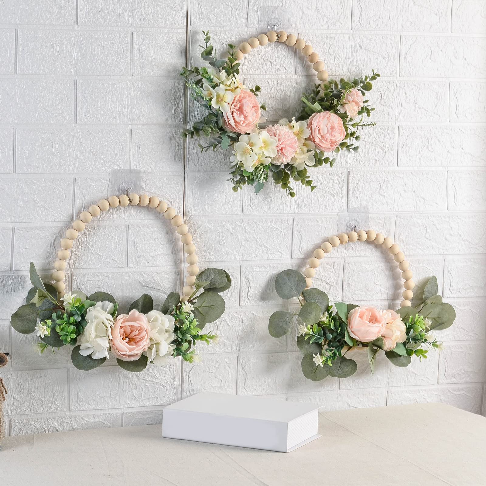 WERTSW 13 inch Wood Beads Floral Wreath Artificial Peony Flower Vine Wreath, All Seasons Farmhouse Hanging Wall Hoop Garland for Wedding Front Door Porch Decor Boho Wreath, Pink Peony