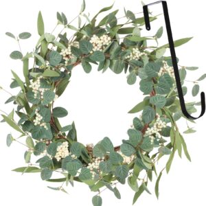 Starryle 20inch Eucalyptus Wreaths for Front Door Decor Spring Summer Wreath Artificial Eucalyptus White Berry Green Wreath for Porch Farmhouse Home Festival Wedding DIY Decoration