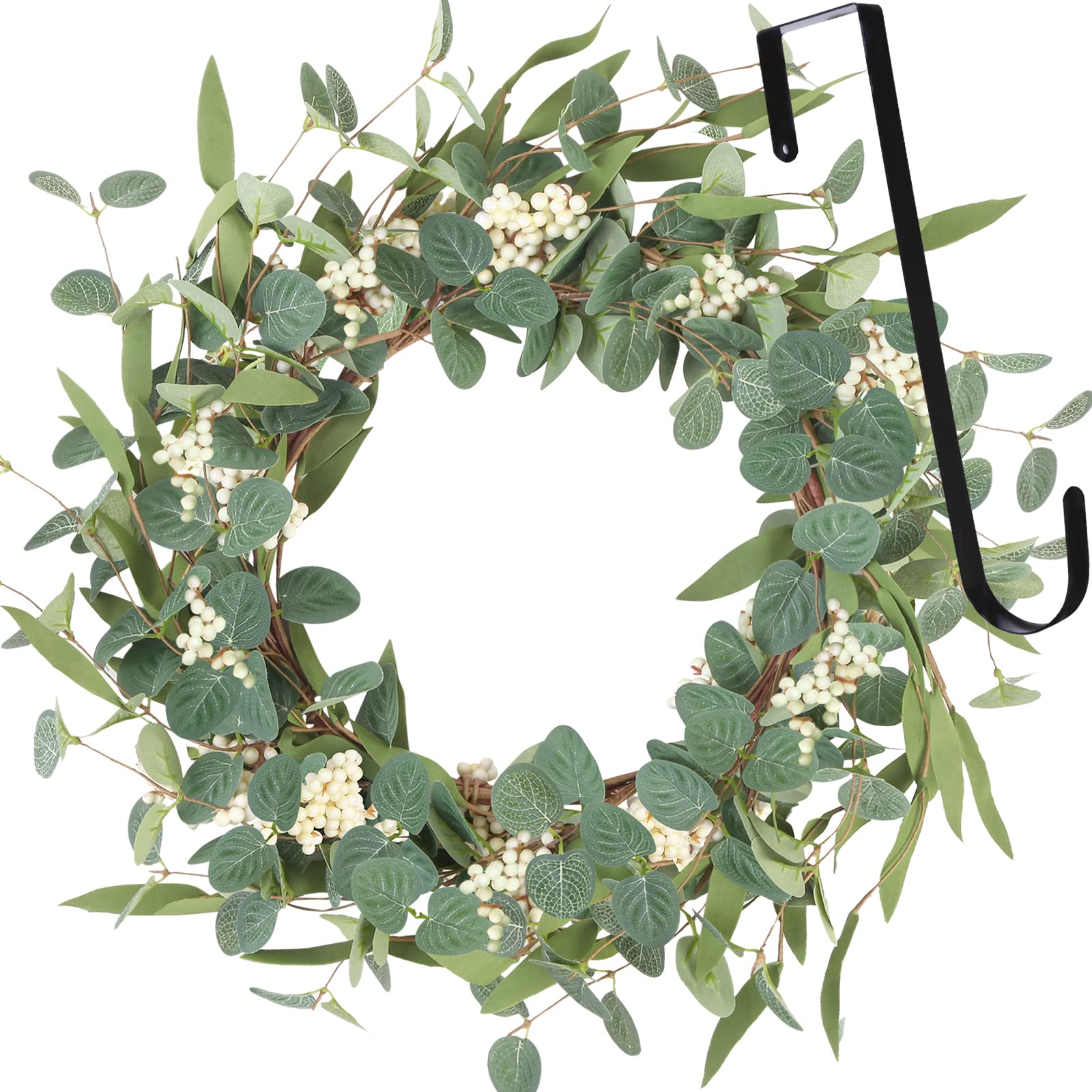 Starryle 20inch Eucalyptus Wreaths for Front Door Decor Spring Summer Wreath Artificial Eucalyptus White Berry Green Wreath for Porch Farmhouse Home Festival Wedding DIY Decoration