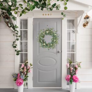 Starryle 20inch Eucalyptus Wreaths for Front Door Decor Spring Summer Wreath Artificial Eucalyptus White Berry Green Wreath for Porch Farmhouse Home Festival Wedding DIY Decoration