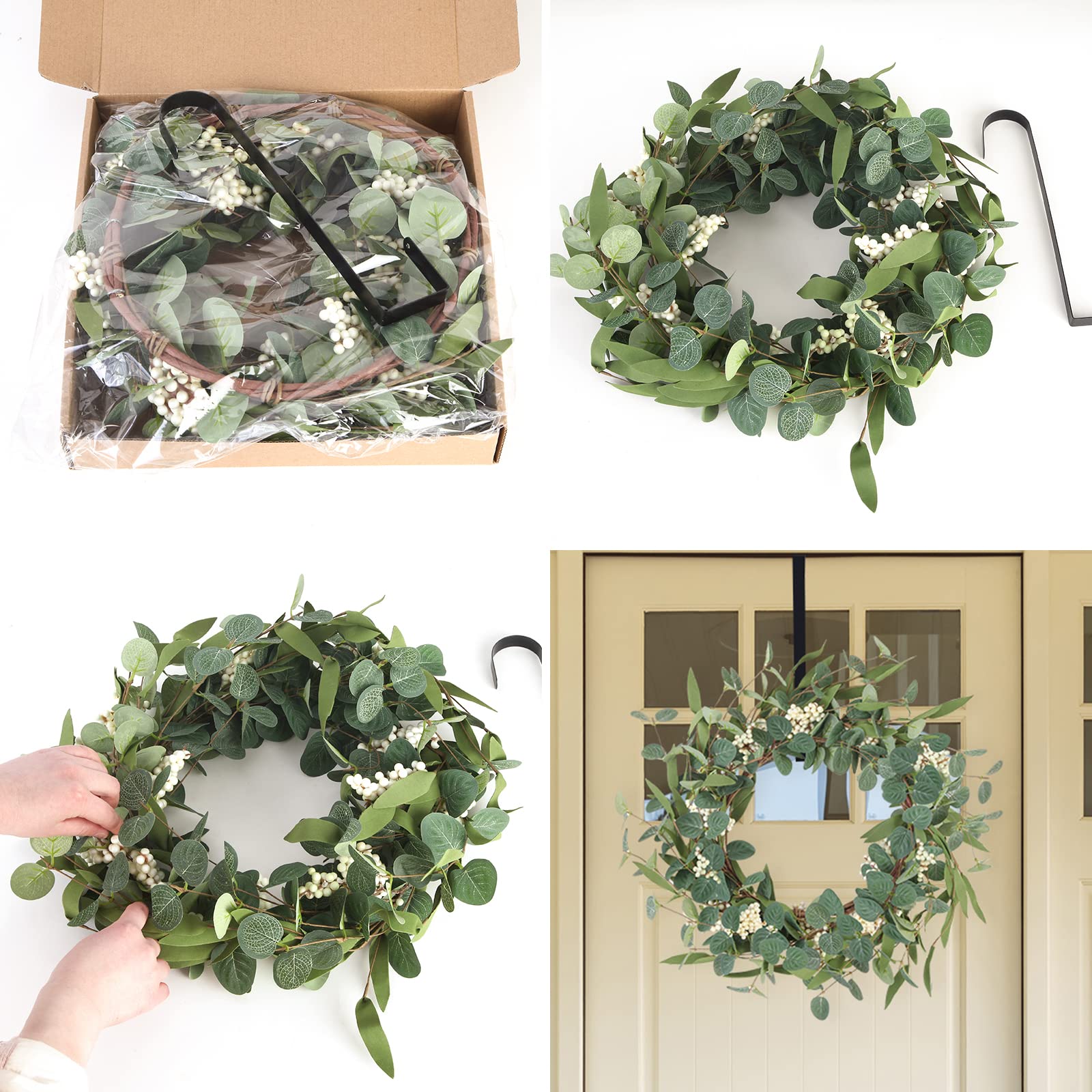 Starryle 20inch Eucalyptus Wreaths for Front Door Decor Spring Summer Wreath Artificial Eucalyptus White Berry Green Wreath for Porch Farmhouse Home Festival Wedding DIY Decoration