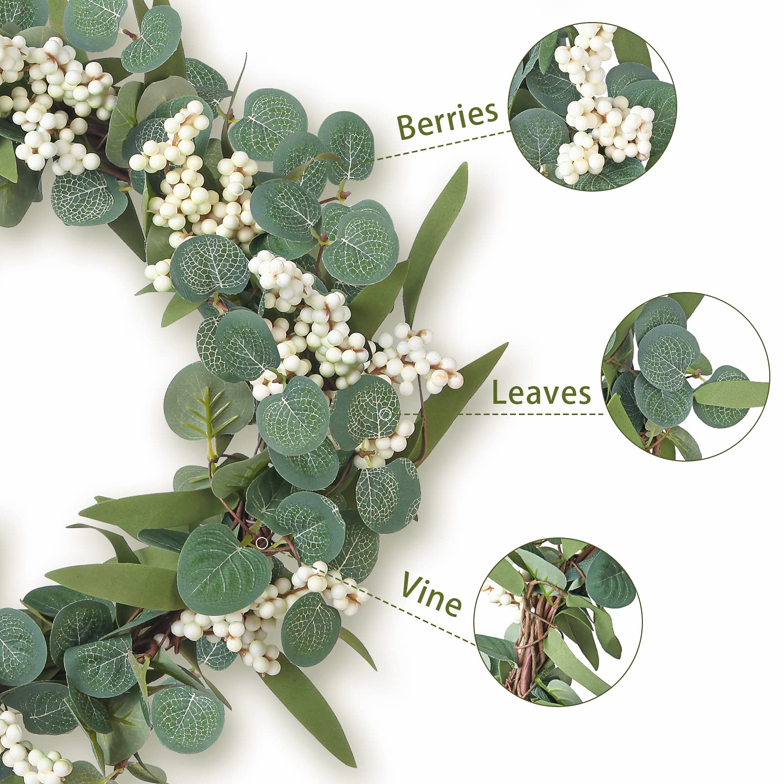 Starryle 20inch Eucalyptus Wreaths for Front Door Decor Spring Summer Wreath Artificial Eucalyptus White Berry Green Wreath for Porch Farmhouse Home Festival Wedding DIY Decoration