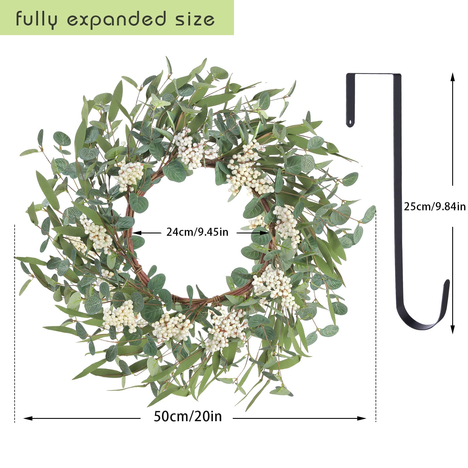 Starryle 20inch Eucalyptus Wreaths for Front Door Decor Spring Summer Wreath Artificial Eucalyptus White Berry Green Wreath for Porch Farmhouse Home Festival Wedding DIY Decoration