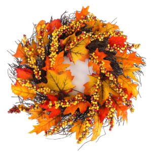 hoomall fall wreath for front door, fall door wreath with berry maple, 17.5'' thanksgiving wreath for front door, hanging home party wreath decoration halloween decor autumn wreath inside outside