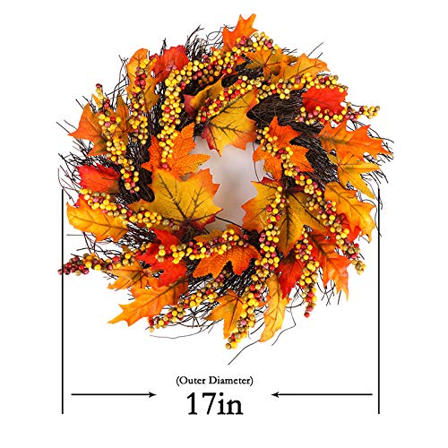 Hoomall Fall Wreath for Front Door, Fall Door Wreath with Berry Maple, 17.5'' Thanksgiving Wreath for Front Door, Hanging Home Party Wreath Decoration Halloween Decor Autumn Wreath Inside Outside