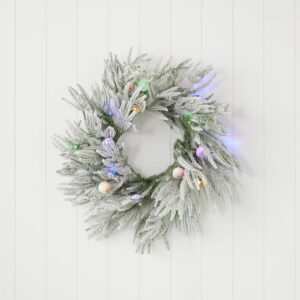 Frosted Acadia Wreath | Pre-strung with 50 LED lights | Indoor or covered Outdoor