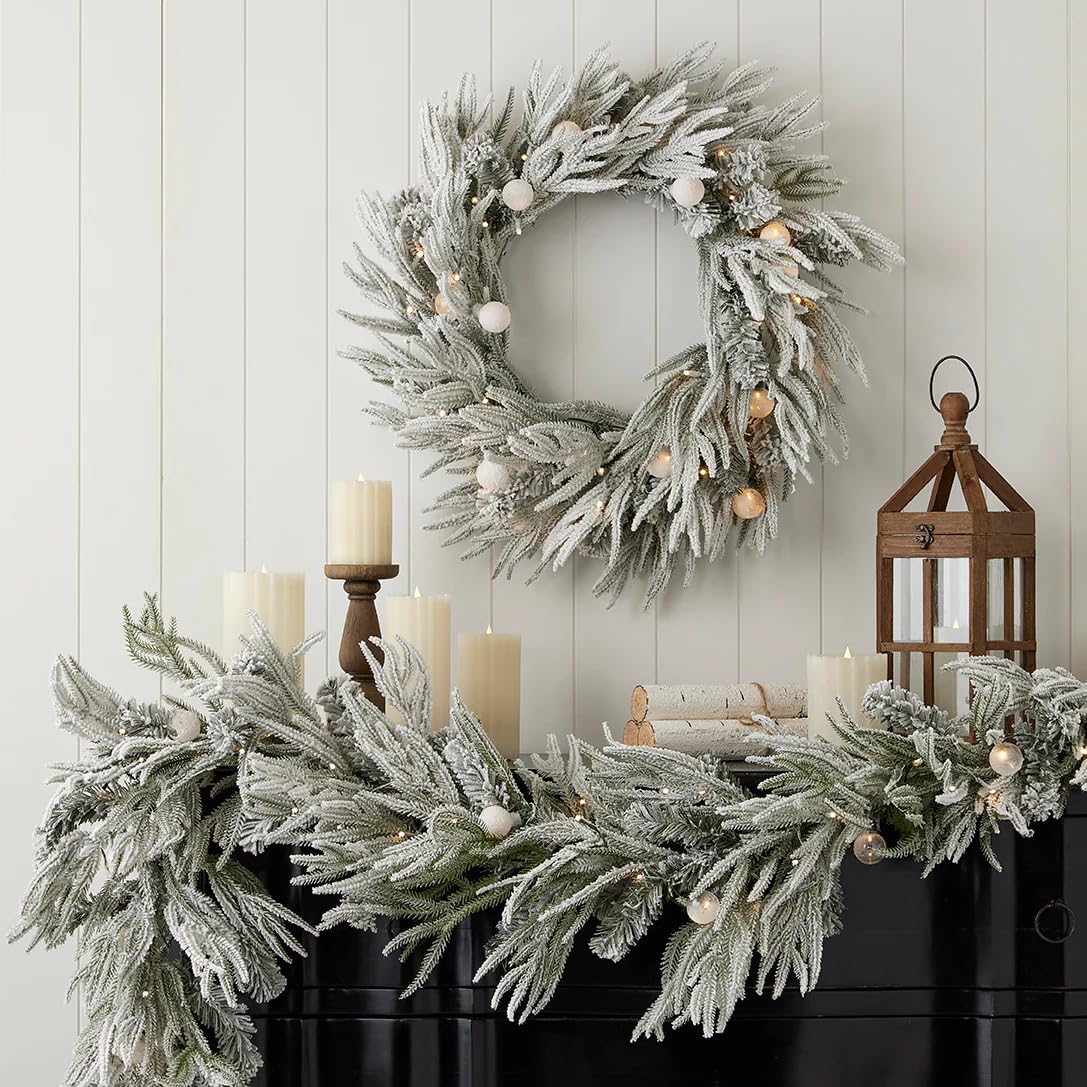 Frosted Acadia Wreath | Pre-strung with 50 LED lights | Indoor or covered Outdoor