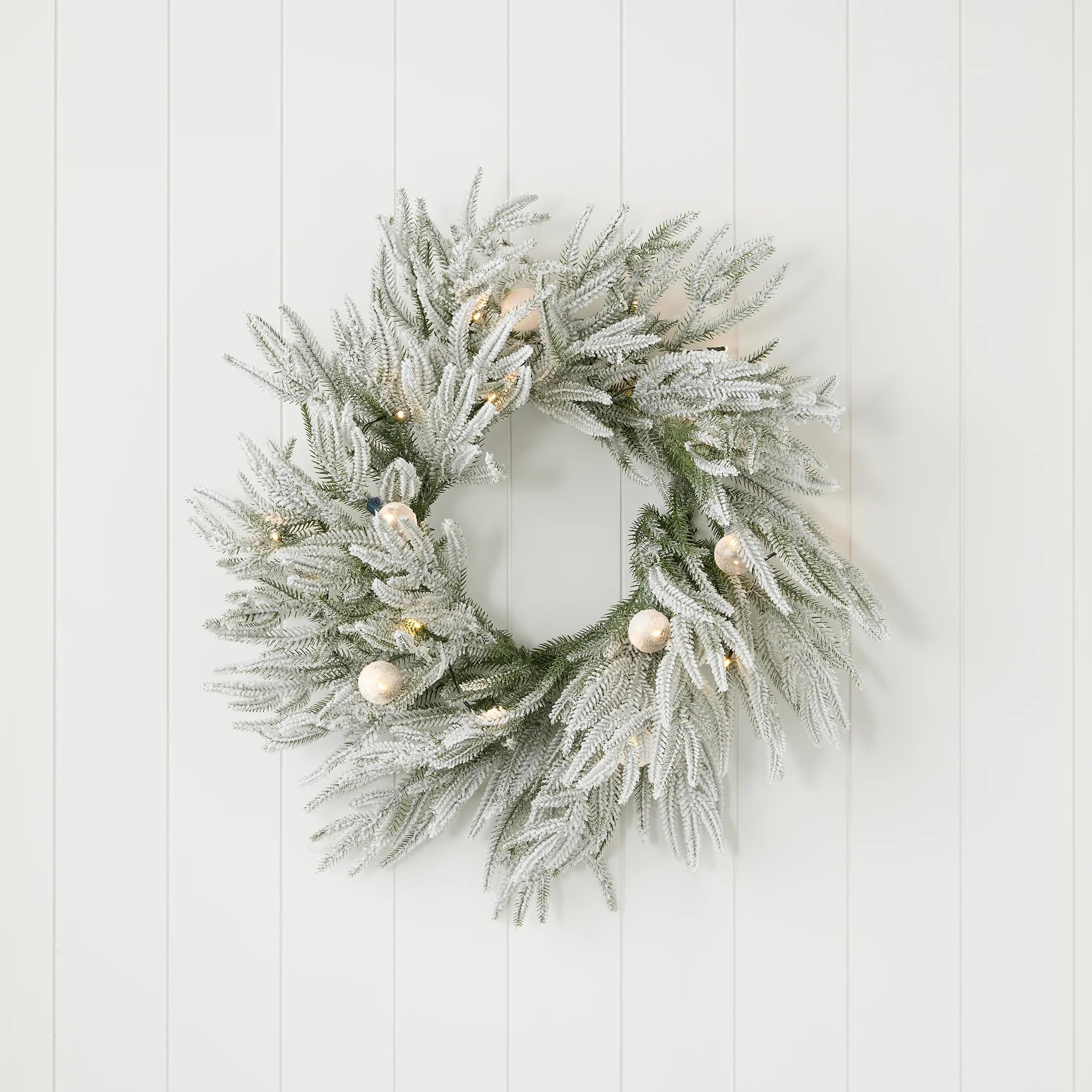 Frosted Acadia Wreath | Pre-strung with 50 LED lights | Indoor or covered Outdoor