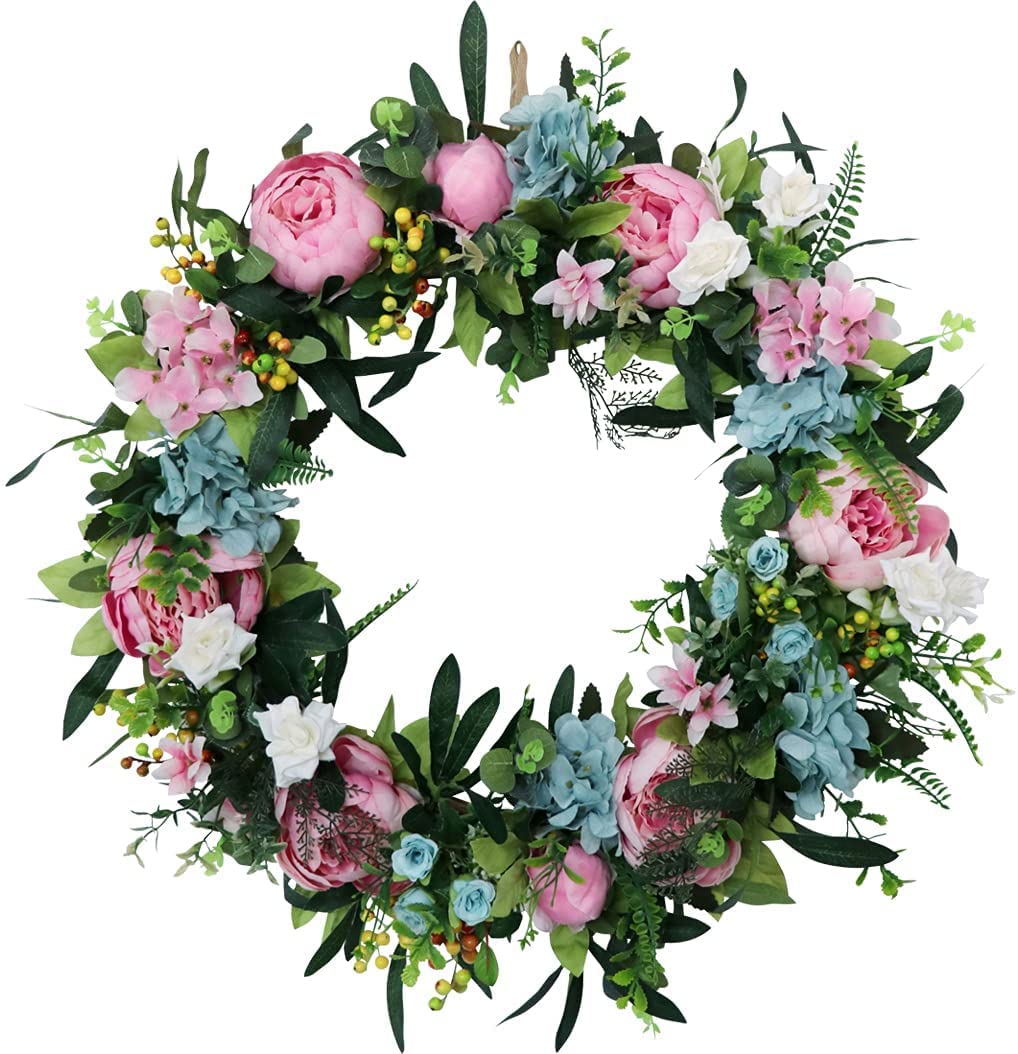 Ansuma Peony Flower Wreath, 24 Inches Door Wreath Floral Green Wreath for Front Door Decorations Wall Decor