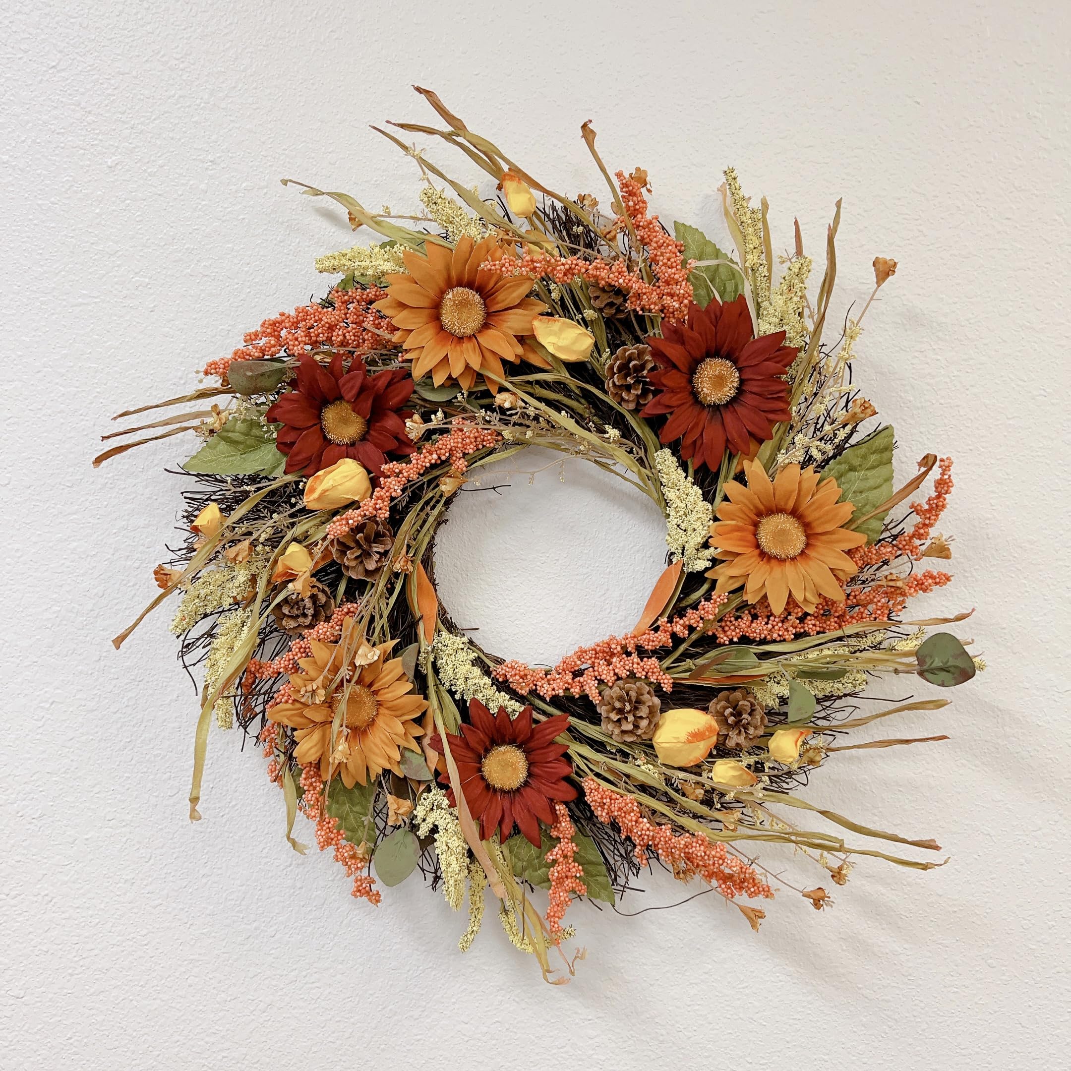 Abbie Home 24" Sunflower Wreath for Fall - Red Orange Floral Wreaths with Green Leaves Pinecones for Front Door Window Garland Holiday Festival Fall Home Wall Decoration Everyday Housewarming Gift