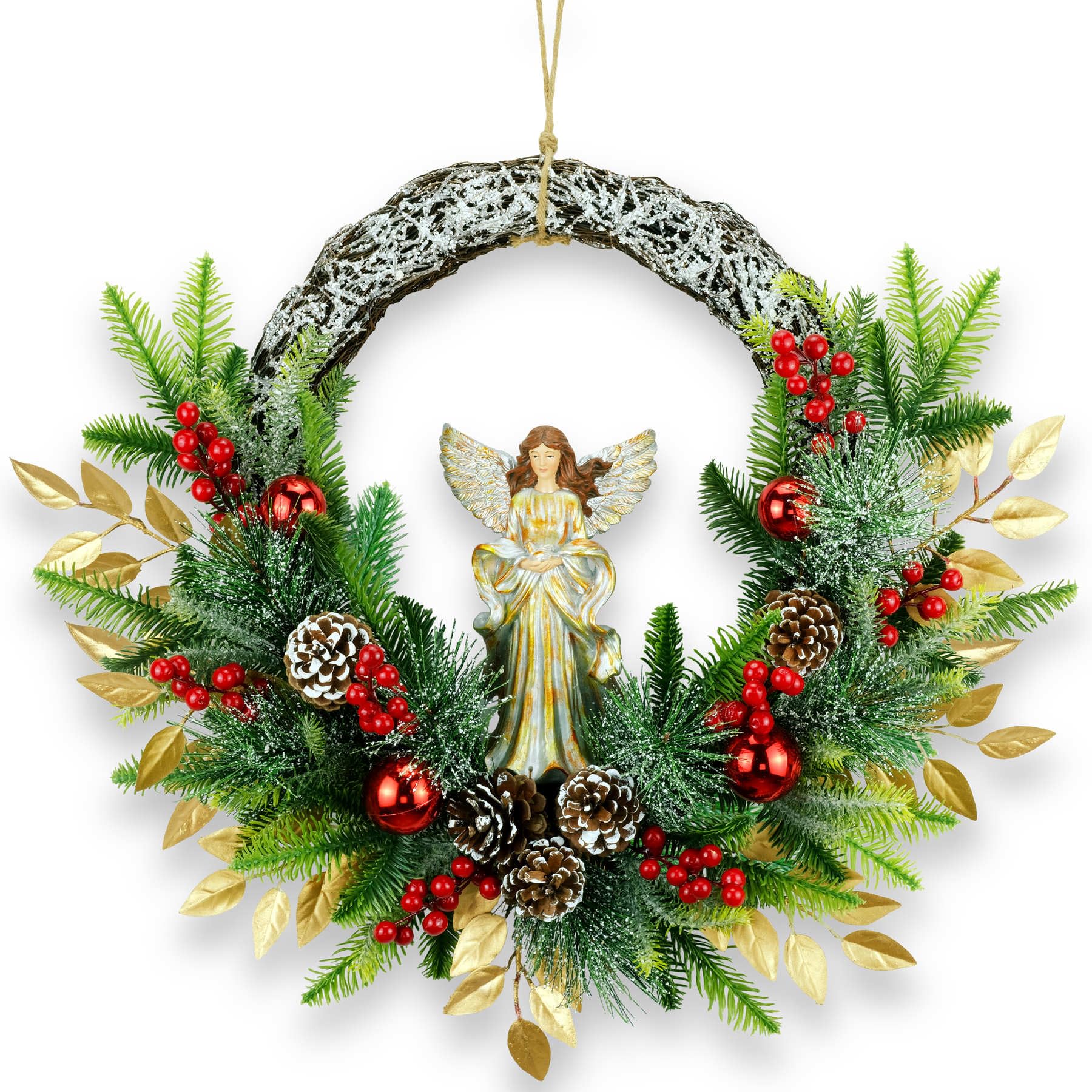 24" Angel Christmas Wreath, Artificial Holiday Wreath with Resin Angel Statue, Natural Rattan Ring & Pine Cones, Golden Leaves, Red Baubles, Spruce Branches, Snowy Pine Needles (Angel)