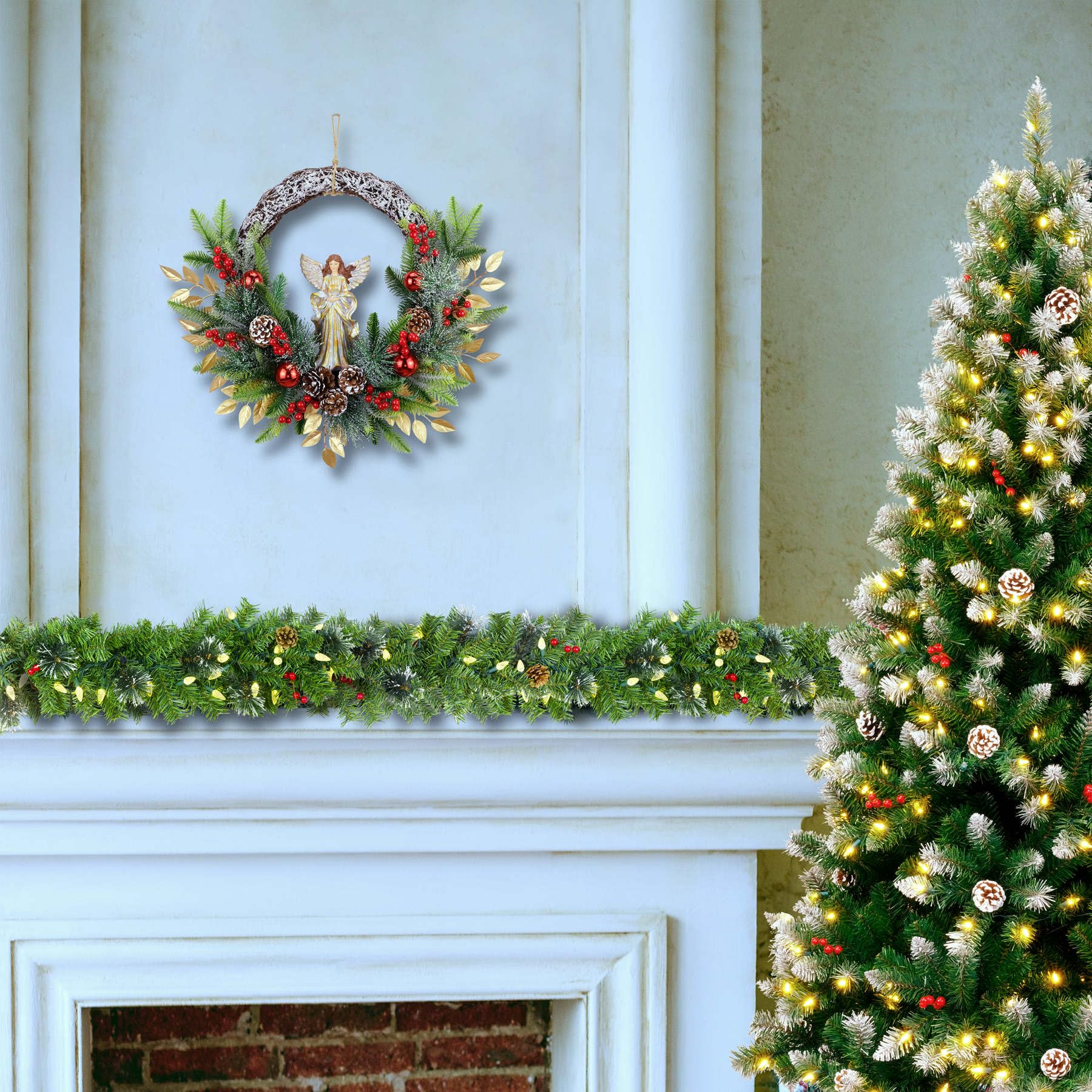 24" Angel Christmas Wreath, Artificial Holiday Wreath with Resin Angel Statue, Natural Rattan Ring & Pine Cones, Golden Leaves, Red Baubles, Spruce Branches, Snowy Pine Needles (Angel)