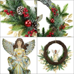 24" Angel Christmas Wreath, Artificial Holiday Wreath with Resin Angel Statue, Natural Rattan Ring & Pine Cones, Golden Leaves, Red Baubles, Spruce Branches, Snowy Pine Needles (Angel)