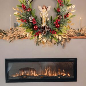 24" Angel Christmas Wreath, Artificial Holiday Wreath with Resin Angel Statue, Natural Rattan Ring & Pine Cones, Golden Leaves, Red Baubles, Spruce Branches, Snowy Pine Needles (Angel)