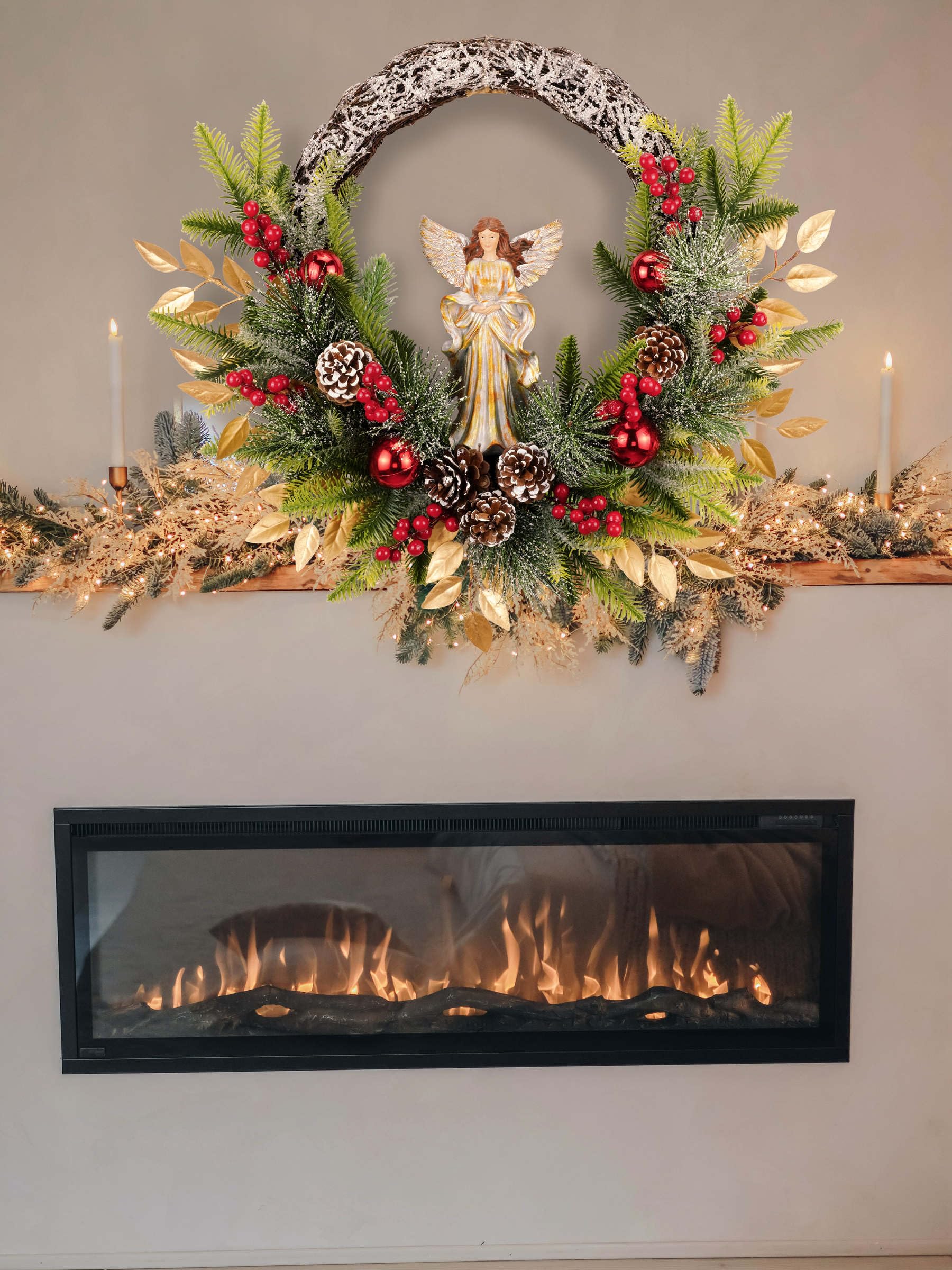 24" Angel Christmas Wreath, Artificial Holiday Wreath with Resin Angel Statue, Natural Rattan Ring & Pine Cones, Golden Leaves, Red Baubles, Spruce Branches, Snowy Pine Needles (Angel)