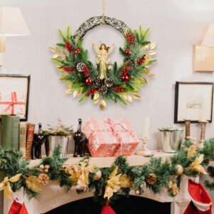 24" Angel Christmas Wreath, Artificial Holiday Wreath with Resin Angel Statue, Natural Rattan Ring & Pine Cones, Golden Leaves, Red Baubles, Spruce Branches, Snowy Pine Needles (Angel)