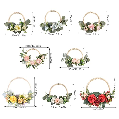 YHNJI Artificial Flower Wreath,Wood Beads Flower Wreath,Farmhouse Hoop Wreath with Flowers,Simulation Wood Beads Door Wreath,Artificial Spring Flowers Garland for Front Door Decor, Blue, 33cm/13.65in