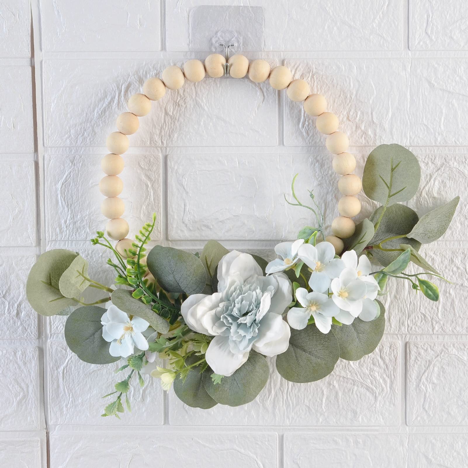 Artificial Flower Wreath,Wood Beads Camellia Wreath, Indoor/Outdoor Farmhouse Wreaths for Front Door Decor