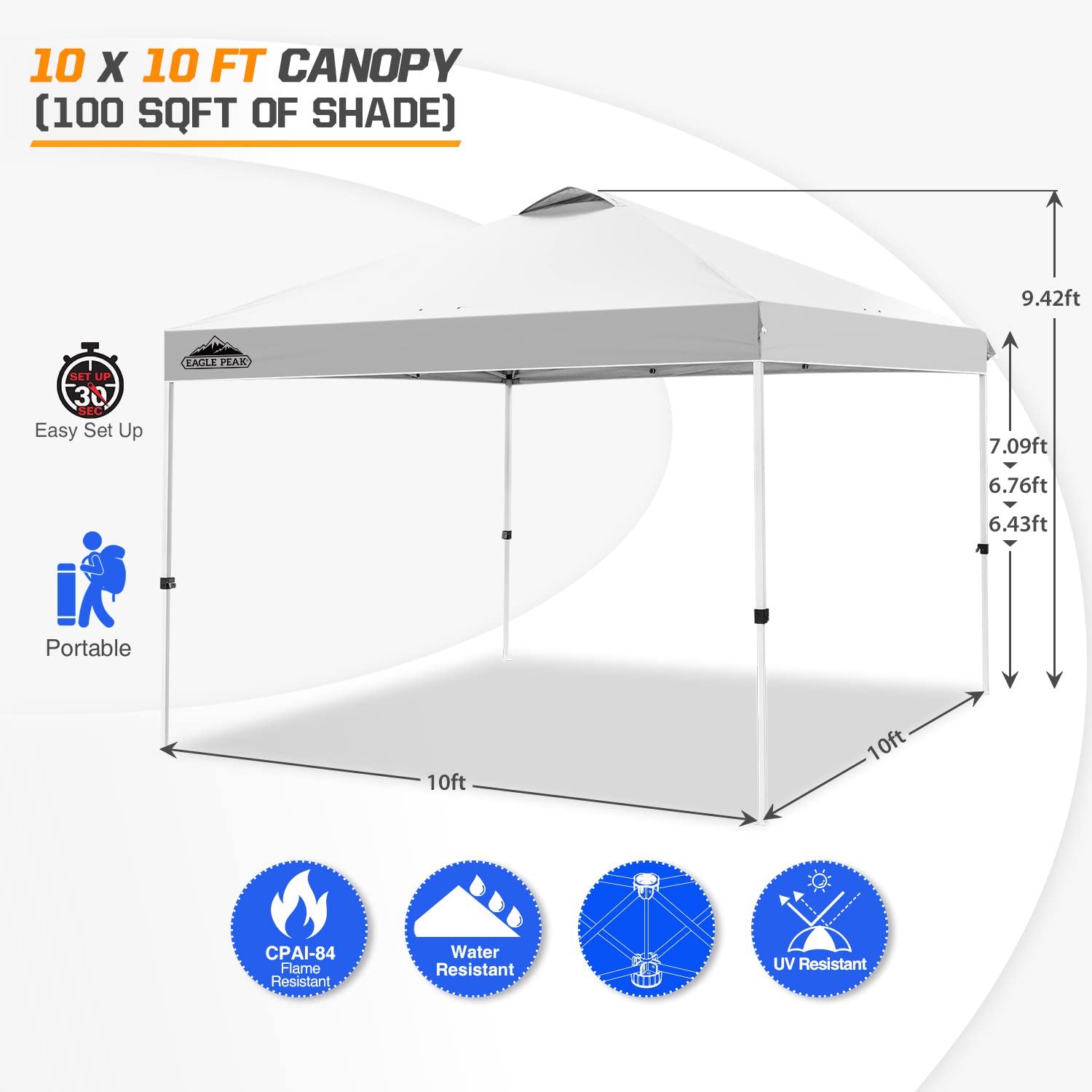 EAGLE PEAK 10x10 Pop Up Canopy Tent Instant Outdoor Canopy Easy Set-up Straight Leg Folding Shelter with 100 Square Feet of Shade (White)