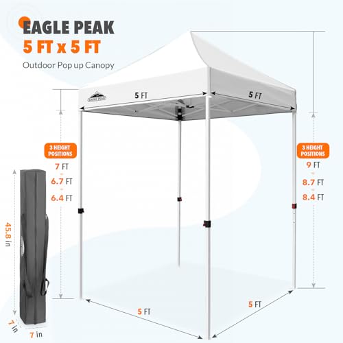 EAGLE PEAK 5x5 Pop Up Canopy Tent Instant Outdoor Canopy Easy Set-up Straight Leg Folding Shelter, White