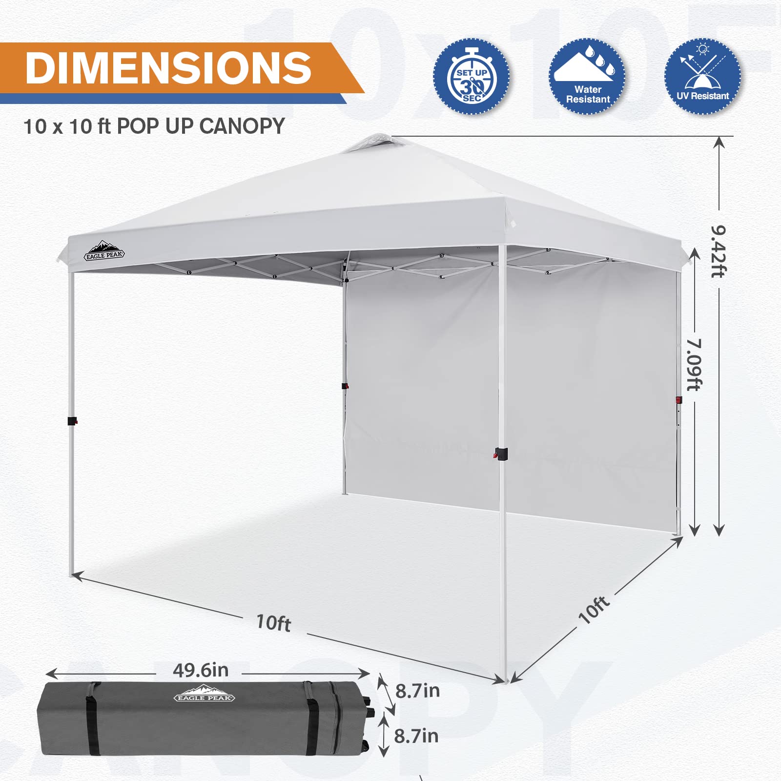 EAGLE PEAK Commercial Pop up Canopy with 1 Sidewall, Heavy Duty Canopy Tent 10x10, Roller Bag and 4 Weight Bags, White