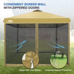 EAGLE PEAK 10x10 Outdoor Easy Pop up Canopy with Netting, Instant Screen Party Tent with Mesh Side Walls, Beige