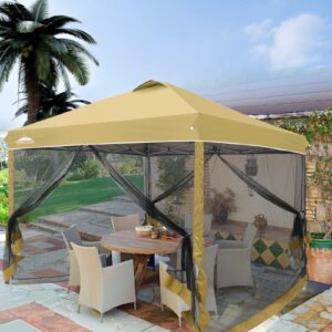 EAGLE PEAK 10x10 Outdoor Easy Pop up Canopy with Netting, Instant Screen Party Tent with Mesh Side Walls, Beige