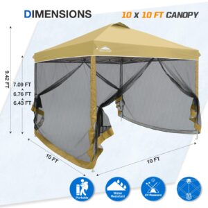 EAGLE PEAK 10x10 Outdoor Easy Pop up Canopy with Netting, Instant Screen Party Tent with Mesh Side Walls, Beige