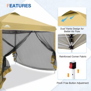 EAGLE PEAK 10x10 Outdoor Easy Pop up Canopy with Netting, Instant Screen Party Tent with Mesh Side Walls, Beige