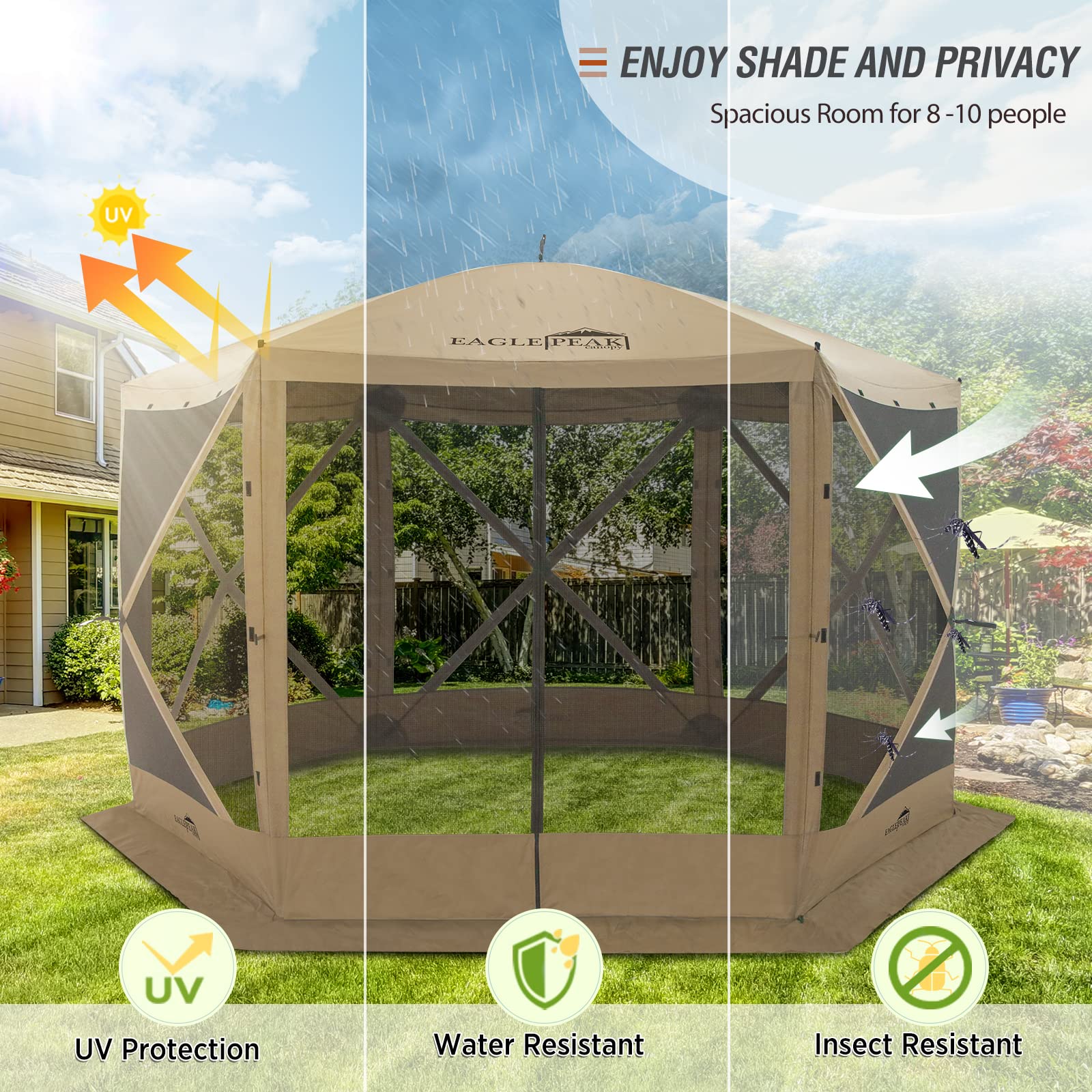 EAGLE PEAK 12x12 ft Portable Pop Up 6 Sided Gazebo Canopy, Outdoor Camping Screen Tent with Mesh Netting 8 Person, Beige