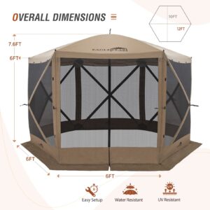 EAGLE PEAK 12x12 ft Portable Pop Up 6 Sided Gazebo Canopy, Outdoor Camping Screen Tent with Mesh Netting 8 Person, Beige