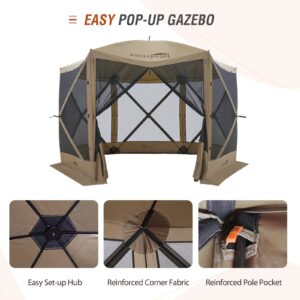 EAGLE PEAK 12x12 ft Portable Pop Up 6 Sided Gazebo Canopy, Outdoor Camping Screen Tent with Mesh Netting 8 Person, Beige