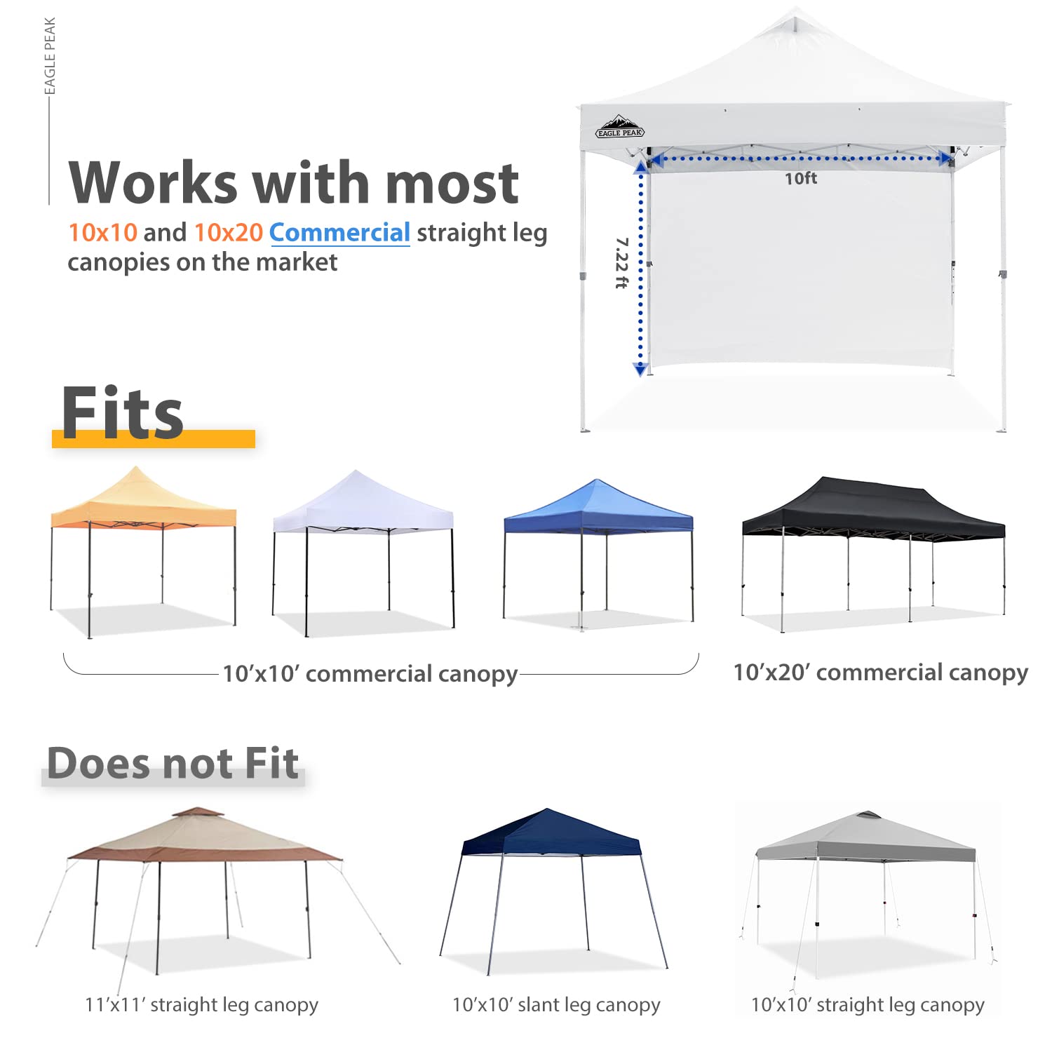 EAGLE PEAK Instant Canopy SunWall for EAGLE PEAK 10x10 Commercial Pro Instant Pop-up Canopy, 1 Pack Sidewall, Universal, White