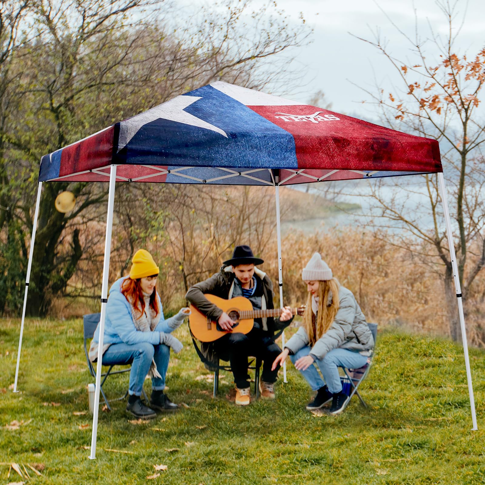 EAGLE PEAK 10x10 Slant Leg Pop-up Texas Flag Canopy Tent Easy One Person Setup Instant Outdoor Beach Canopy Folding Portable Sports Shelter 10x10 Base 8x8 Top (Texas Pride)